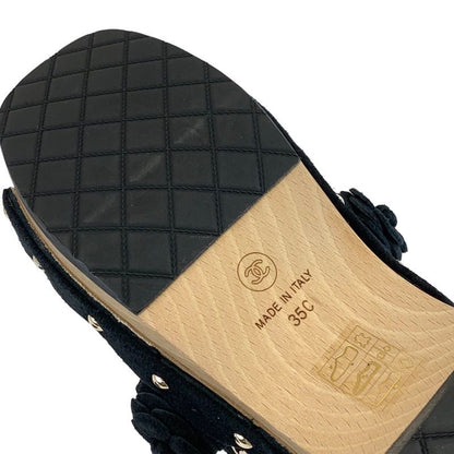 Chanel Sandals Shoes Suede Wood Black Mule Camellia Here Mark