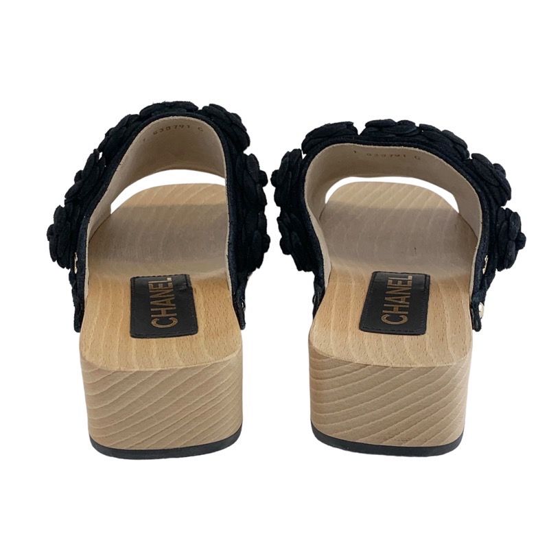 Chanel Sandals Shoes Suede Wood Black Mule Camellia Here Mark