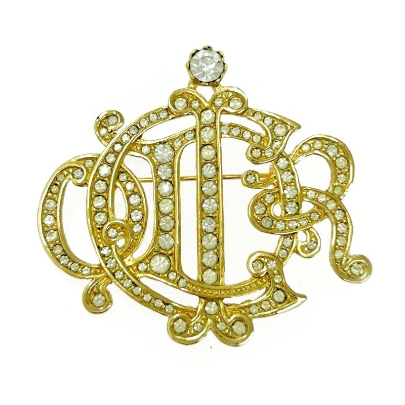 Christian DIOR GP Rhinestone Emblem Brooch Gold 510520 Brooch