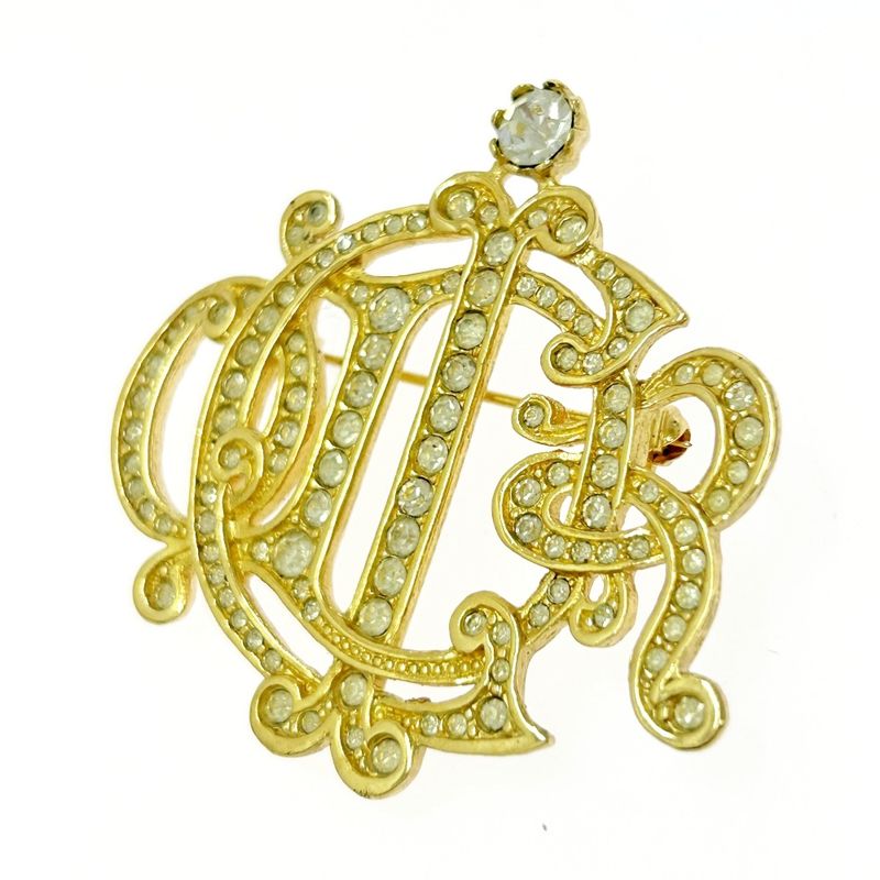 Christian DIOR GP Rhinestone Emblem Brooch Gold 510520 Brooch