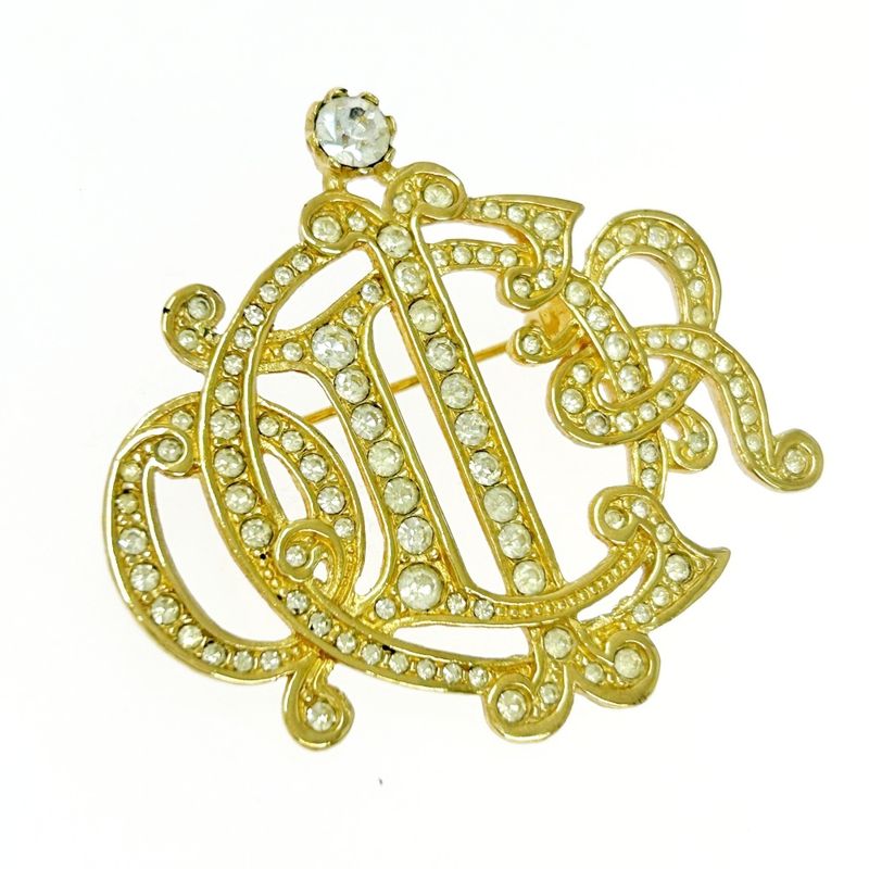 Christian DIOR GP Rhinestone Emblem Brooch Gold 510520 Brooch