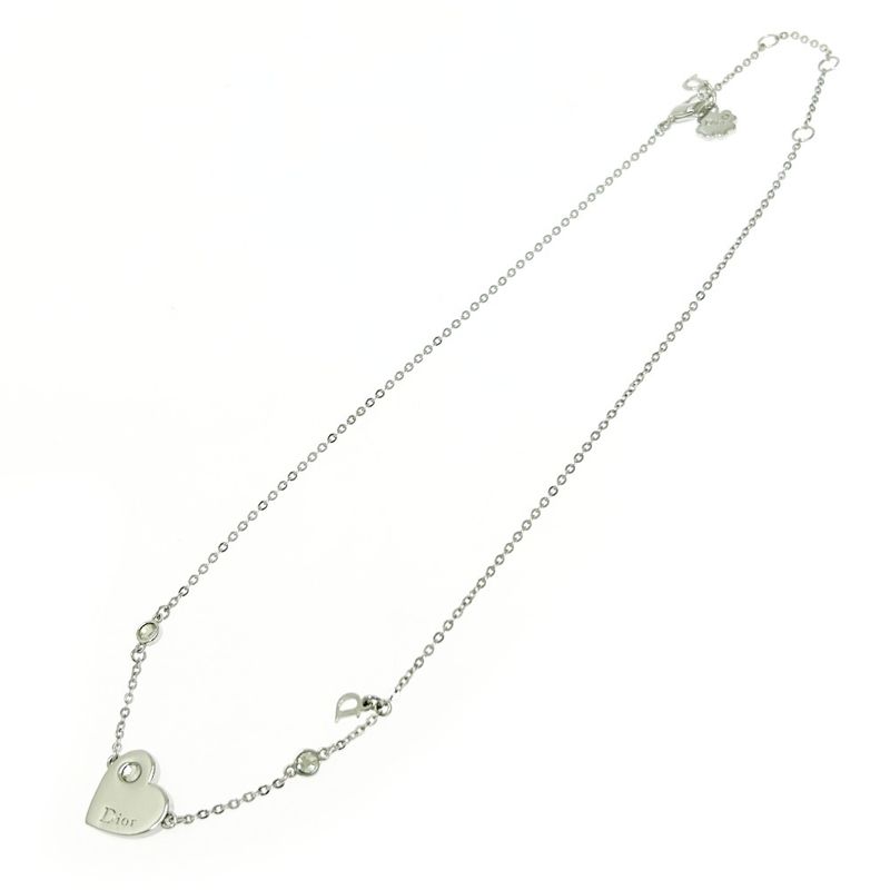 Christian DIOR Metal Rhinestone Dior Logo Heart Necklace Silver 511460 Necklace