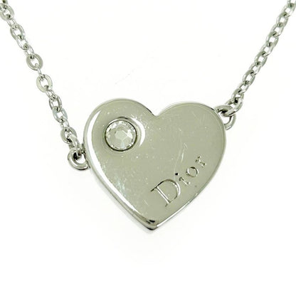 Christian DIOR Metal Rhinestone Dior Logo Heart Necklace Silver 511460 Necklace