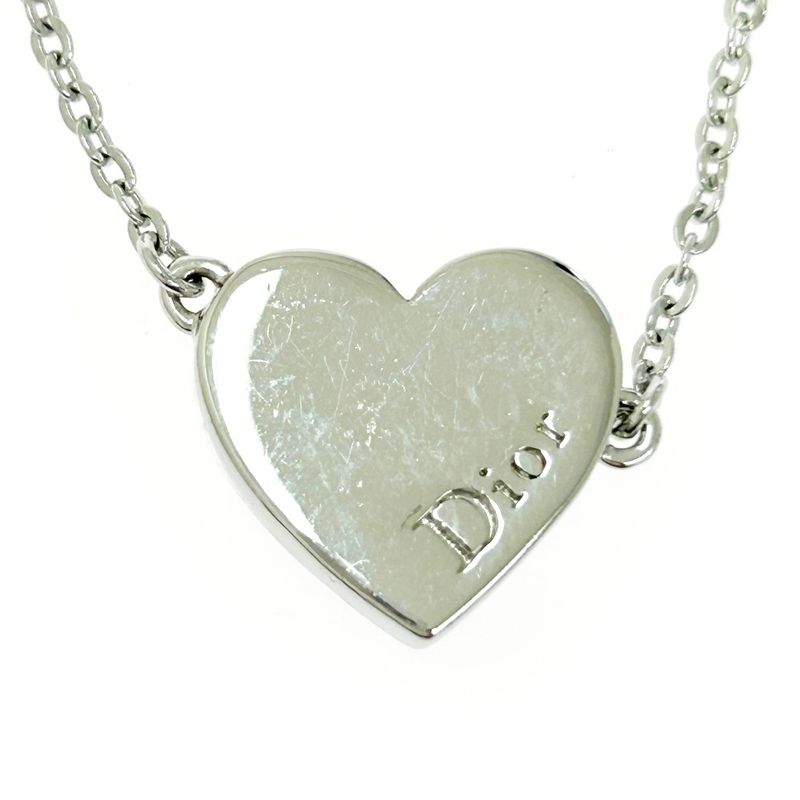 Christian DIOR Metal Rhinestone Dior Logo Heart Necklace Silver 511460 Necklace