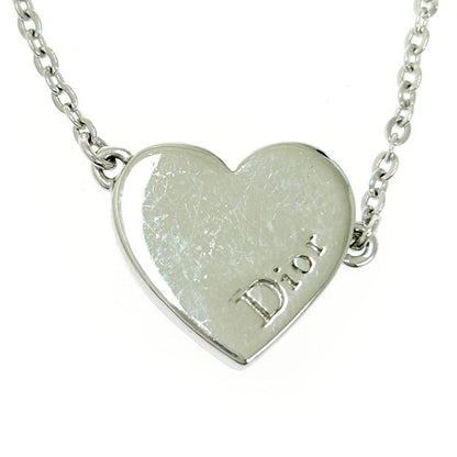 Christian DIOR Metal Rhinestone Dior Logo Heart Necklace Silver 511460 Necklace