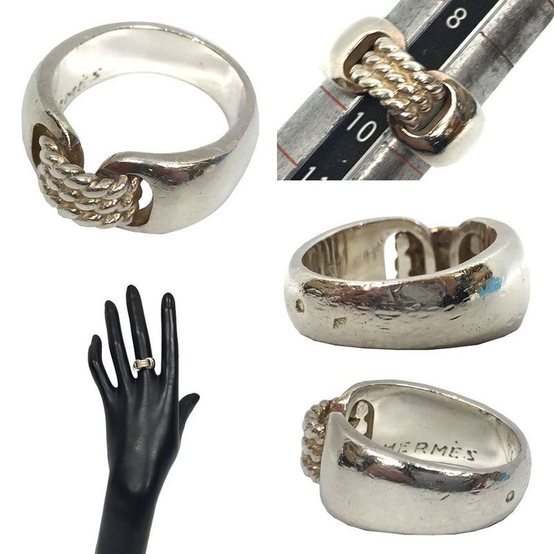Hermes Suroit Ring Unisex Rope Design Vintage Antique Silver Ring Aq7828