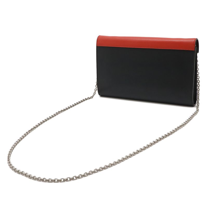 CELINE Pocket Large Flap Chain Wallet Shoulder Bag 2WAY Clutch Leather Black