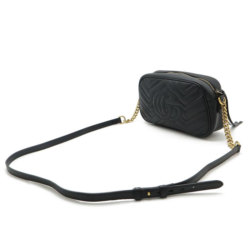 GUCCI GGMarmont Shoulder Bag Pochette Chain Bag Crossbody Quilted Leather Black