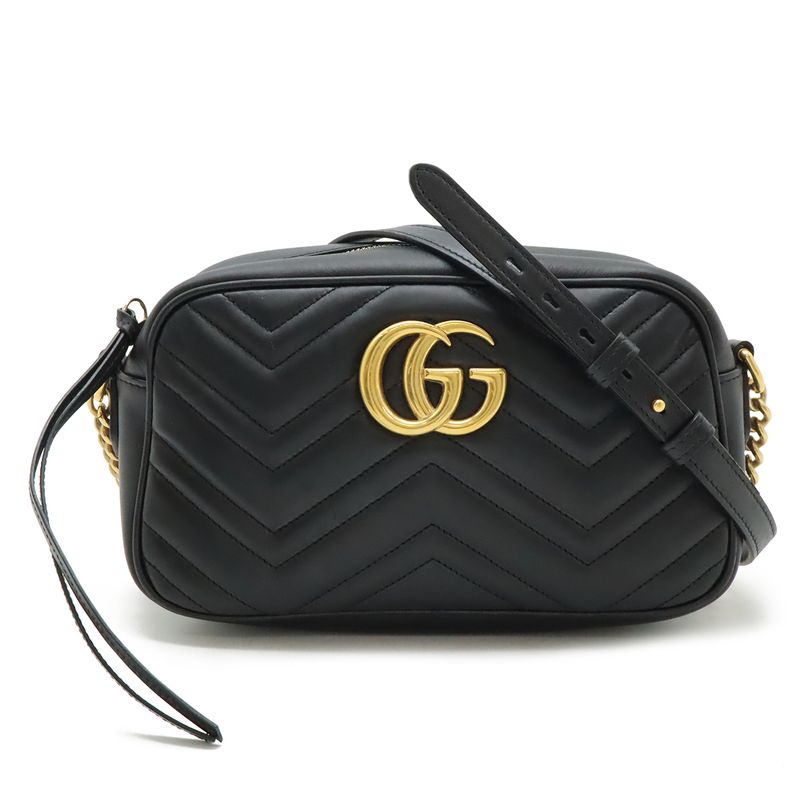 GUCCI GGMarmont Shoulder Bag Pochette Chain Bag Crossbody Quilted Leather Black