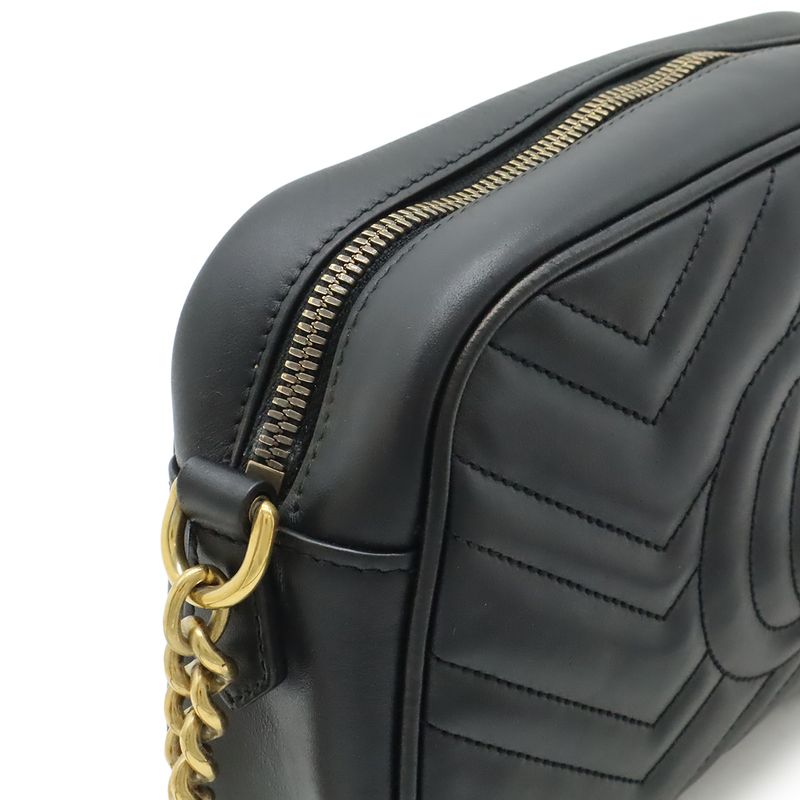 GUCCI GGMarmont Shoulder Bag Pochette Chain Bag Crossbody Quilted Leather Black
