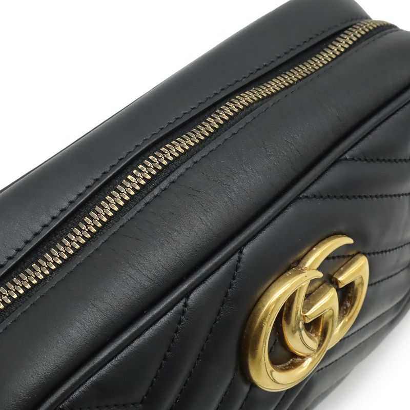GUCCI GGMarmont Shoulder Bag Pochette Chain Bag Crossbody Quilted Leather Black