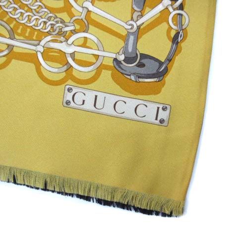 Gucci Reversible Silk Shawl Jackie Horse Harness Double Face Yellow Black