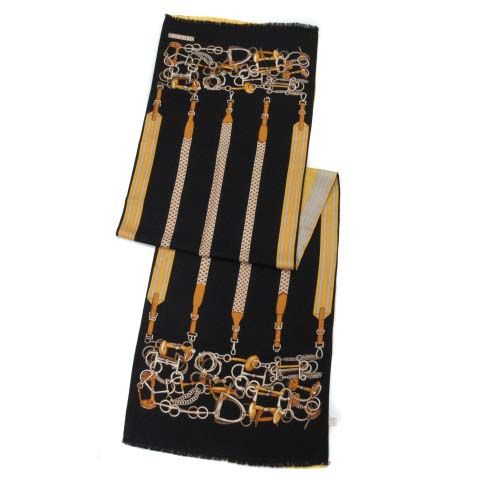 Gucci Reversible Silk Shawl Jackie Horse Harness Double Face Yellow Black