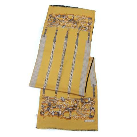 Gucci Reversible Silk Shawl Jackie Horse Harness Double Face Yellow Black