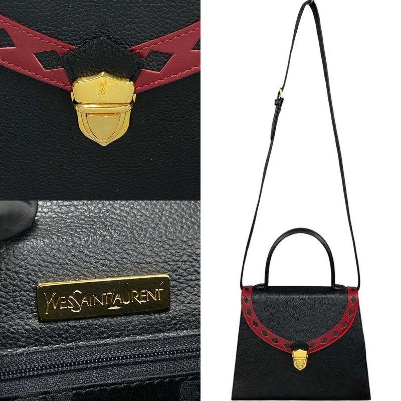 Yves Saint Laurent Cutout Punching Leather 2-Way Handbag Shoulder Bag Black
