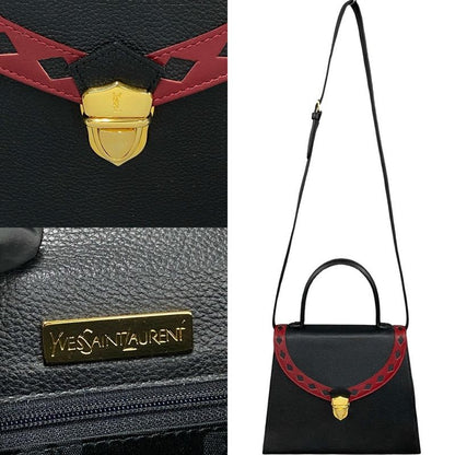 Yves Saint Laurent Cutout Punching Leather 2-Way Handbag Shoulder Bag Black