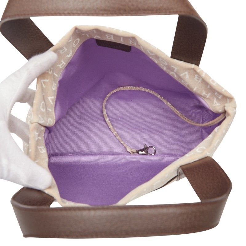 Bvlgari Logomania Bvlgari Beige Brown Canvas Leather Ladies Bvlgari