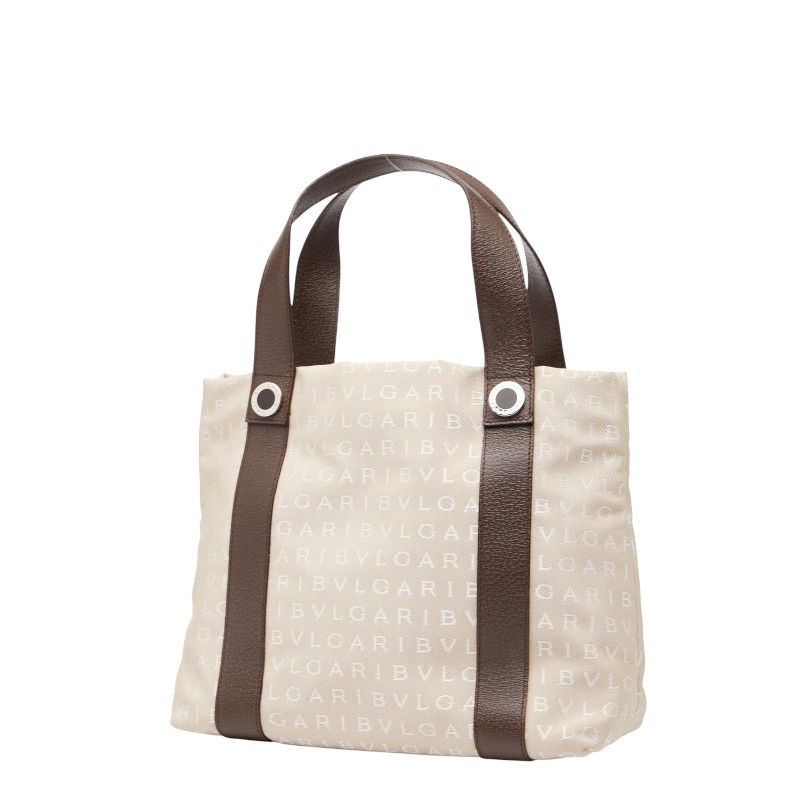 Bvlgari Logomania Bvlgari Beige Brown Canvas Leather Ladies Bvlgari