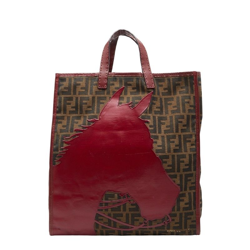 Fendi Zucca Horse Motif Handbag Tote Bag Brown Red Canvas Leather Women's Fendi