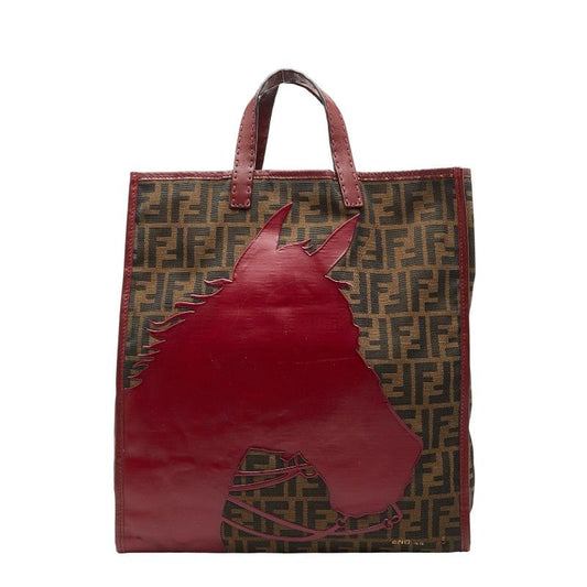 Fendi Zucca Horse Motif Handbag Tote Bag Brown Red Canvas Leather Women's Fendi