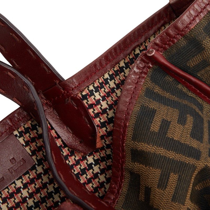 Fendi Zucca Horse Motif Handbag Tote Bag Brown Red Canvas Leather Women's Fendi