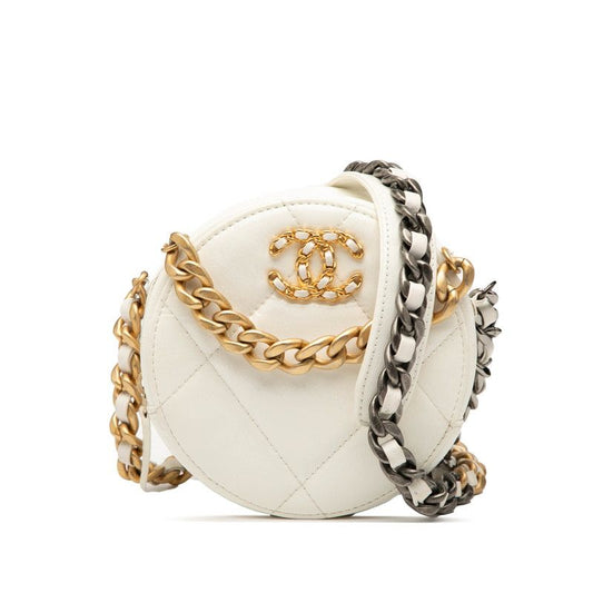 Chanel Cocomark Chanel 19 Round Chain Shoulder Bag Handbag White Enamel Women's