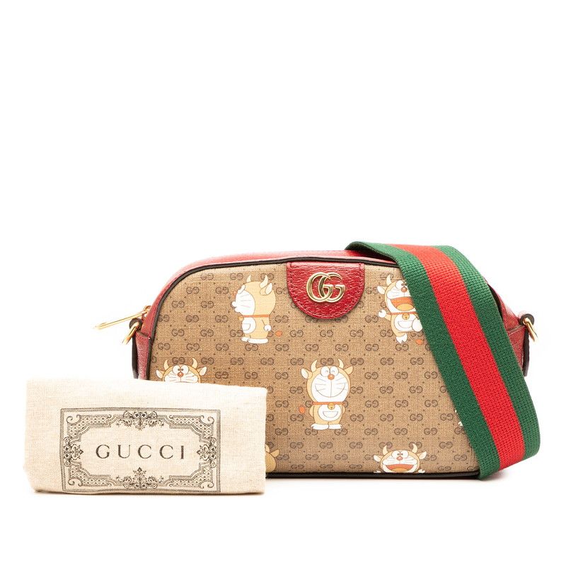 Gucci X Doraemon Mini GG Supreme Ushidora Chain Shoulder Bag 574886 Brown Red