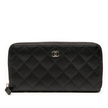 Chanel Matelasse Coco Mark Round Zipper Long Wallet Black Caviar Skin Women's