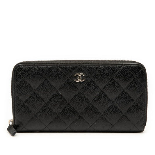 Chanel Matelasse Coco Mark Round Zipper Long Wallet Black Caviar Skin Women's