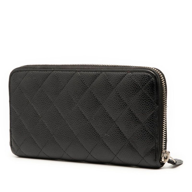 Chanel Matelasse Coco Mark Round Zipper Long Wallet Black Caviar Skin Women's
