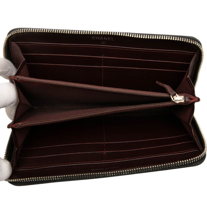 Chanel Matelasse Coco Mark Round Zipper Long Wallet Black Caviar Skin Women's