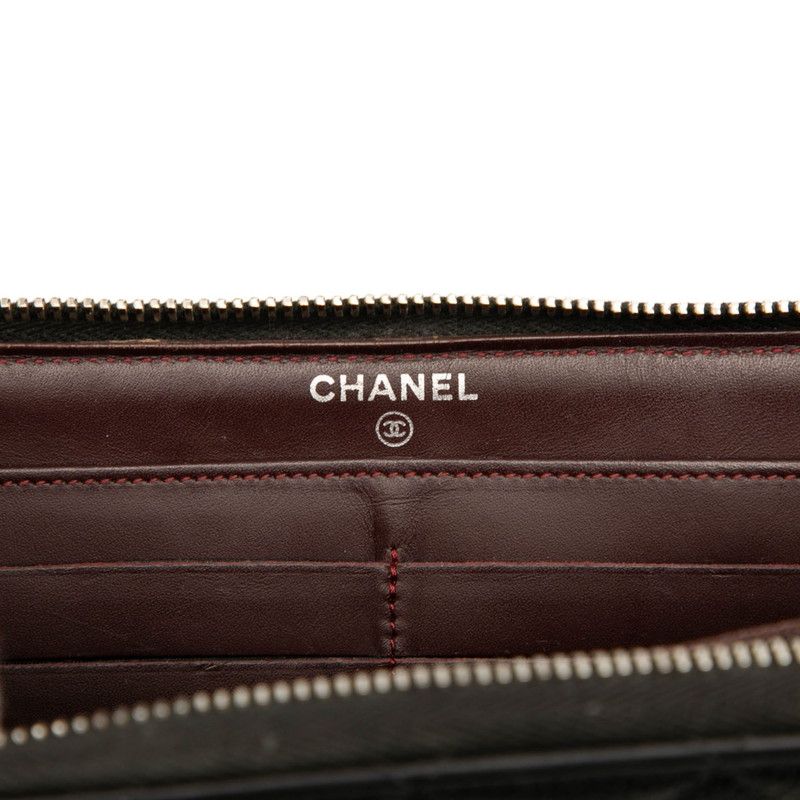 Chanel Matelasse Coco Mark Round Zipper Long Wallet Black Caviar Skin Women's