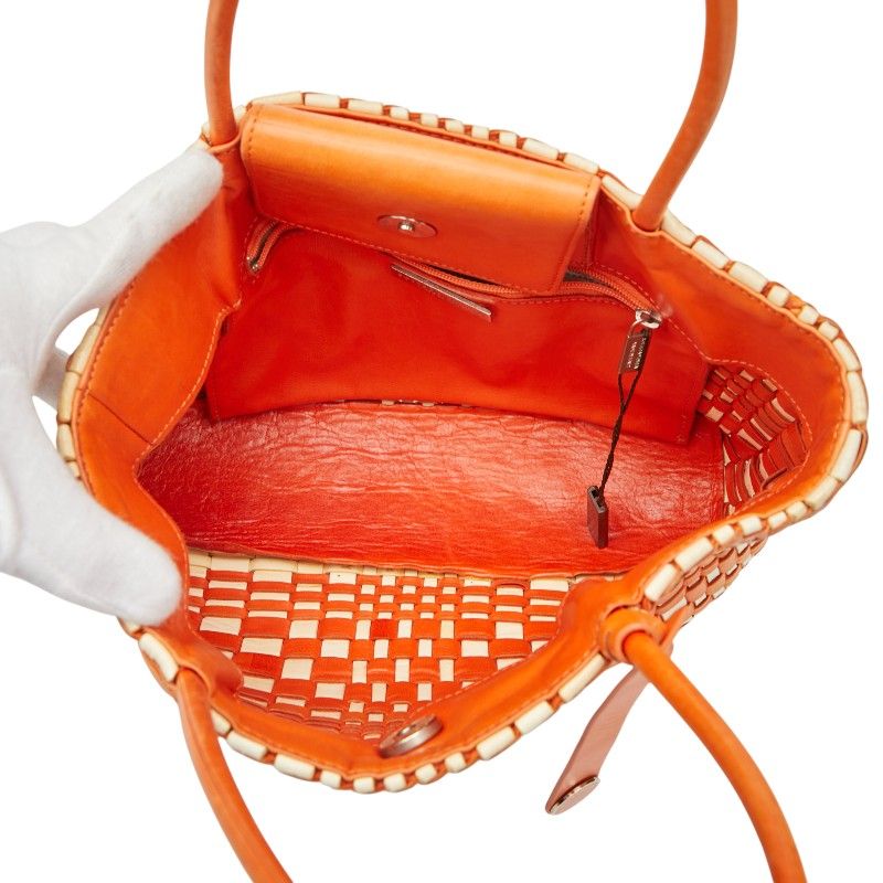 Bottega Veneta Intrecciato Orange White Leather Women's Bottega Veneta