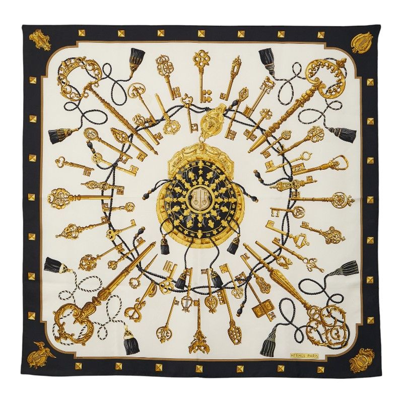 Hermes Carre 90 Les Cles Key Black Gold Silk Ladies Hermes