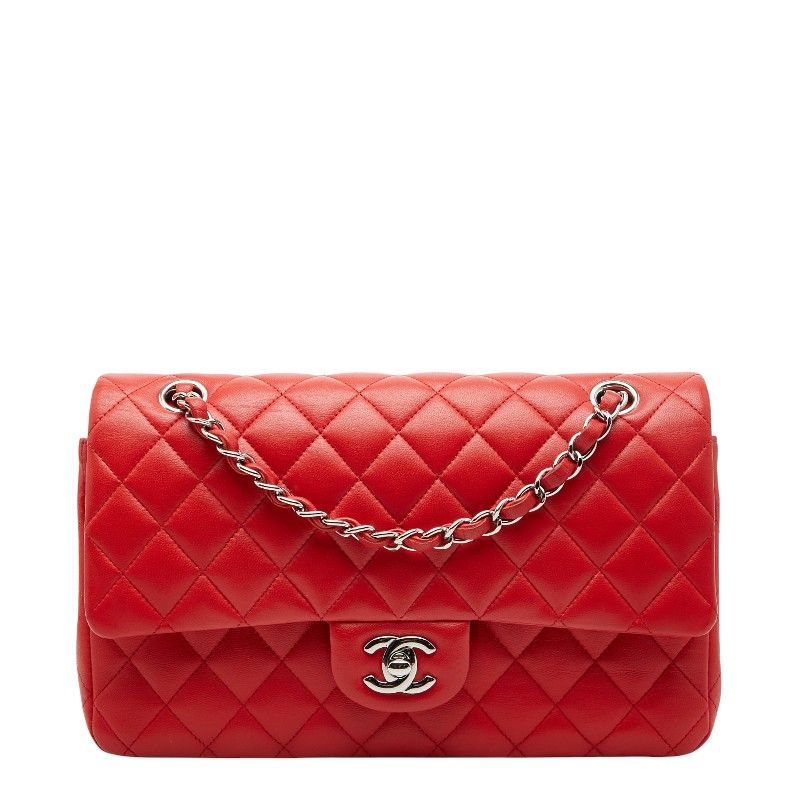 Chanel Matelasse 25 Coco Mark Double Flap Chain Shoulder Bag Red Lambskin