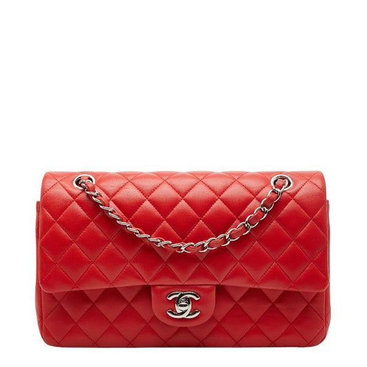 Chanel Matelasse 25 Coco Mark Double Flap Chain Shoulder Bag Red Lambskin