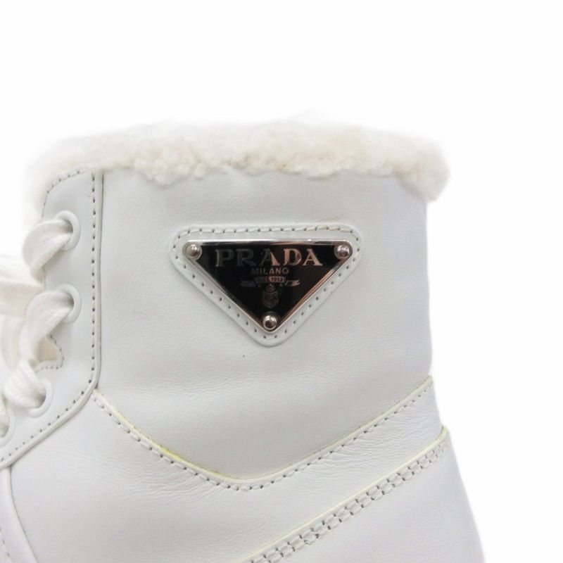 Prada Boots Leather Sneakers Shoes Shoes High Cut Boa Mouton Triangle Logo