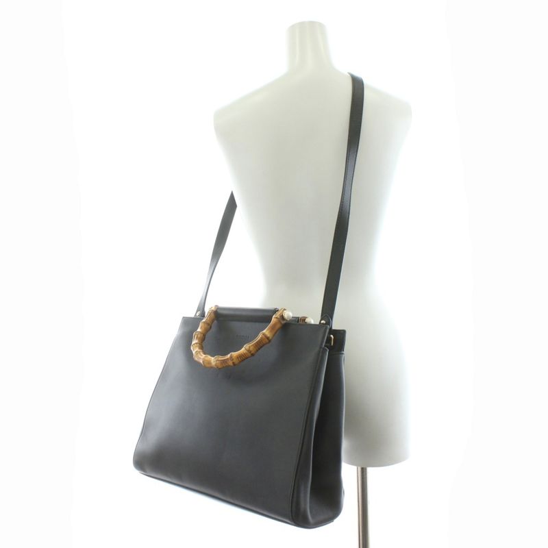 Gucci Bamboo Nim Fair Medium Shoulder Bag Handbag 2WAY Leather Black Black 453766 KU - OH - BM