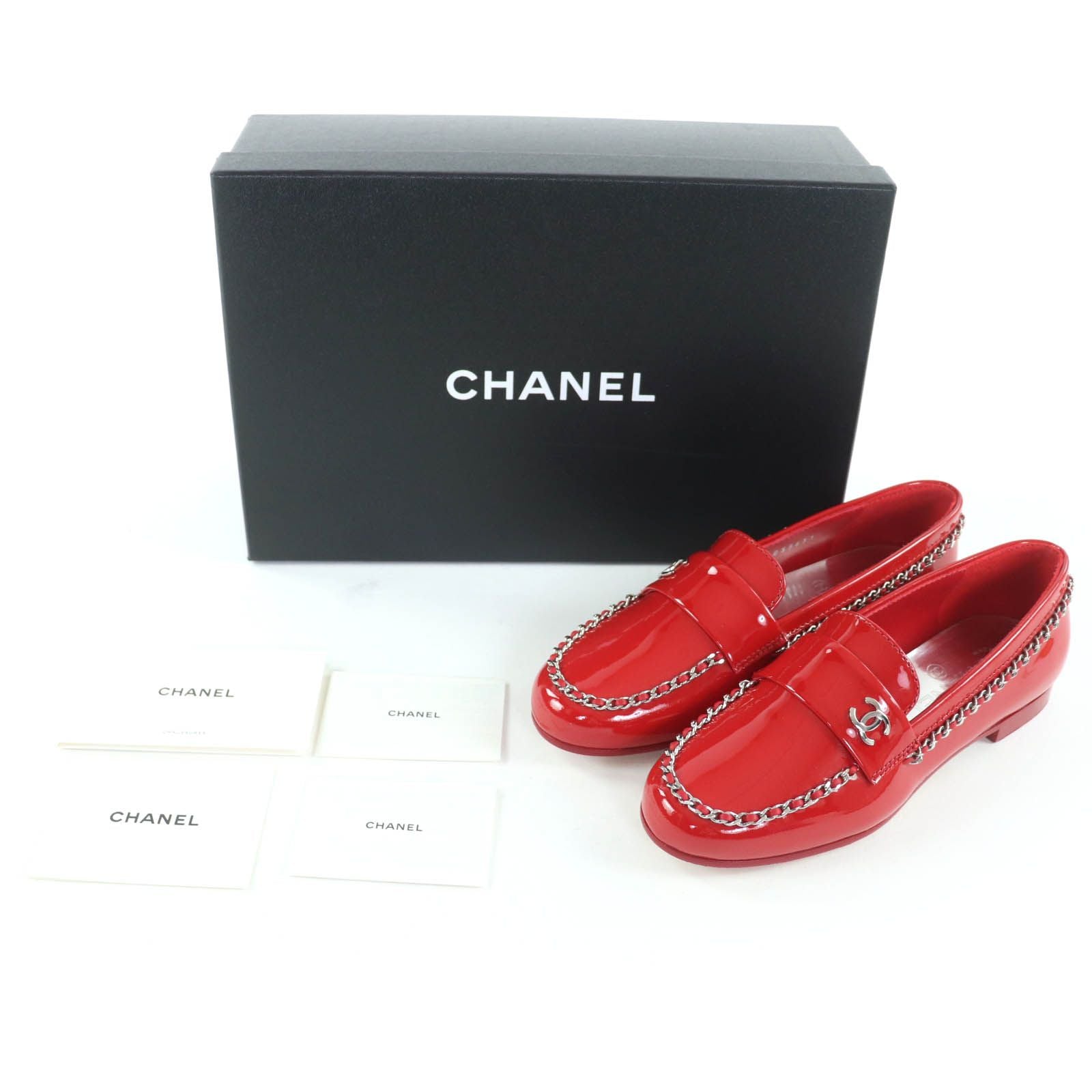 Unused Item◇Chanel G35631 with Here Mark Parts Patent Leather Chain Loafers Red