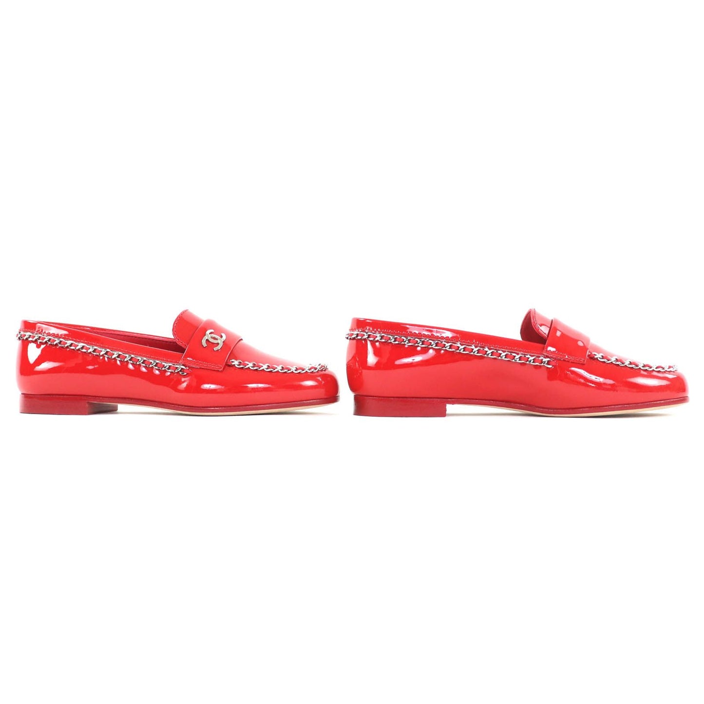 Unused Item◇Chanel G35631 with Here Mark Parts Patent Leather Chain Loafers Red