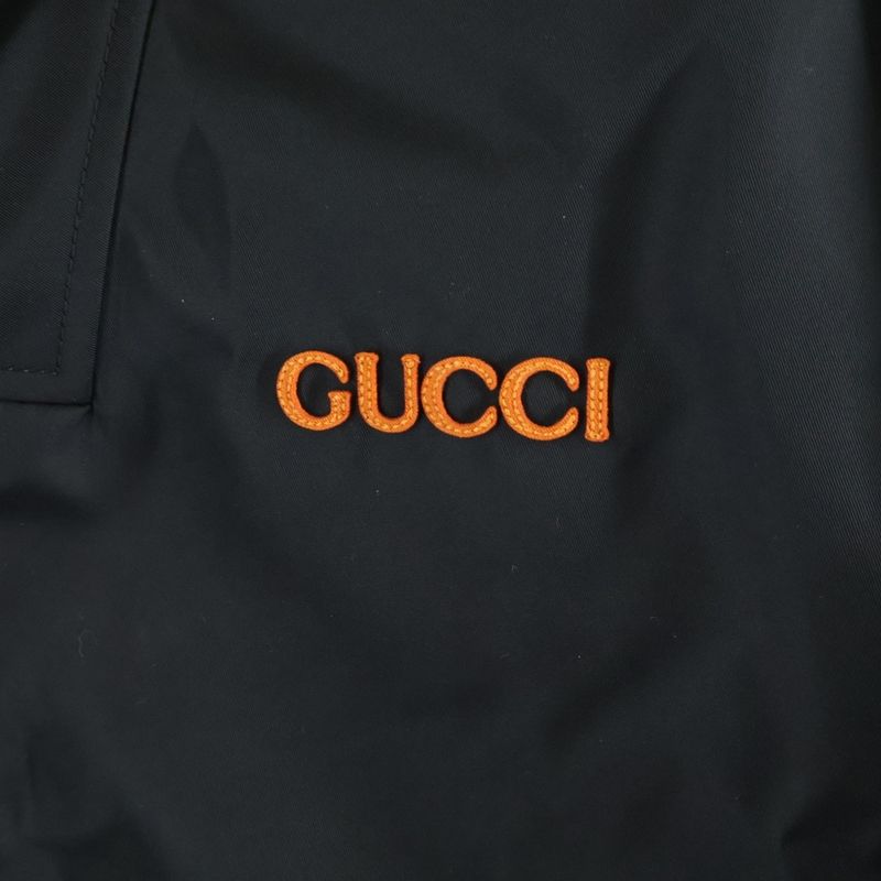 Gucci 25ss Leather Patch Logo Nylon Twill Layered Hooded Zip Up Jacket Black