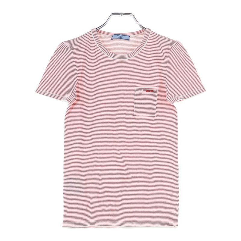 Prada P24r2g Logo Embroidery Slim Fit Border Short Sleeve T-Shirt Cut and Sewn