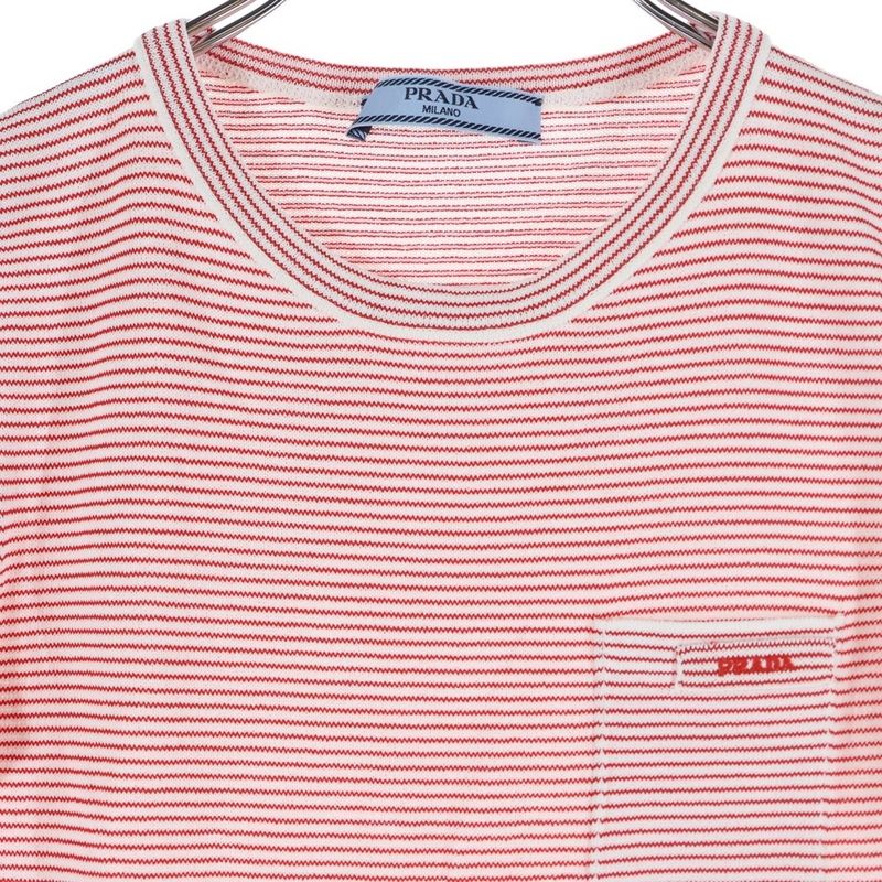 Prada P24r2g Logo Embroidery Slim Fit Border Short Sleeve T-Shirt Cut and Sewn