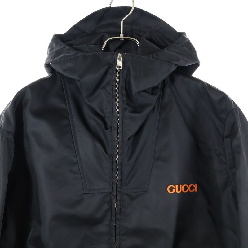 Gucci 25ss Leather Patch Logo Nylon Twill Layered Hooded Zip Up Jacket Black