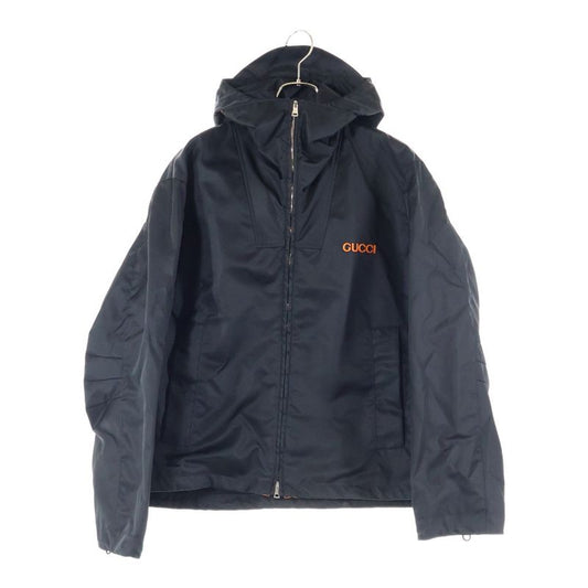 Gucci 25ss Leather Patch Logo Nylon Twill Layered Hooded Zip Up Jacket Black