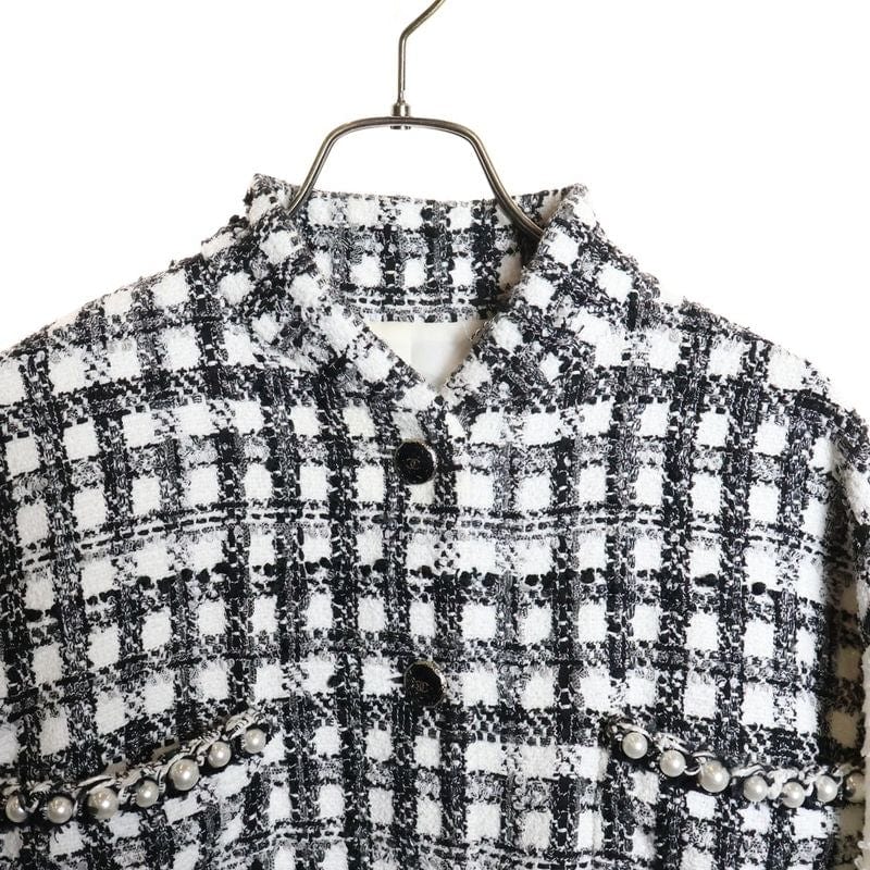 Chanel 25ss Coco Mark Button Pearl Decoration Gingham Check Tweed Jacket White