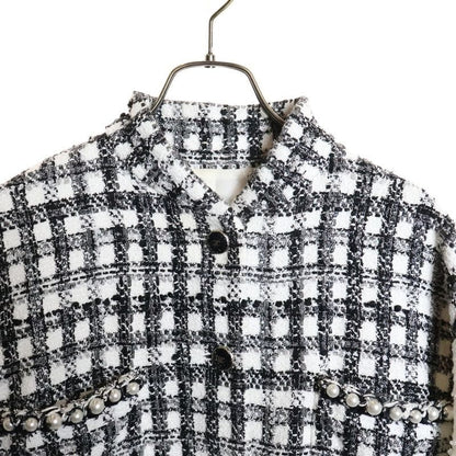 Chanel 25ss Coco Mark Button Pearl Decoration Gingham Check Tweed Jacket White