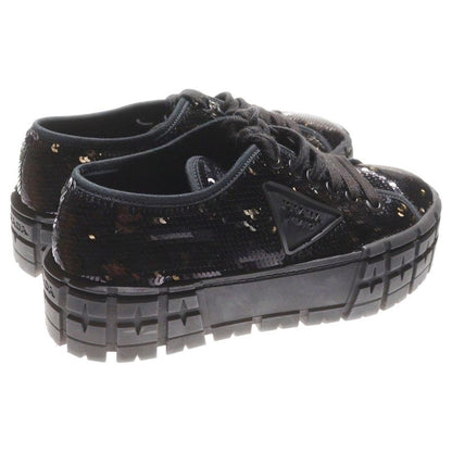 Prada Double Wheel Sequin Rubber Triangle Logo Canvas Lace-Up Platform Low Cut