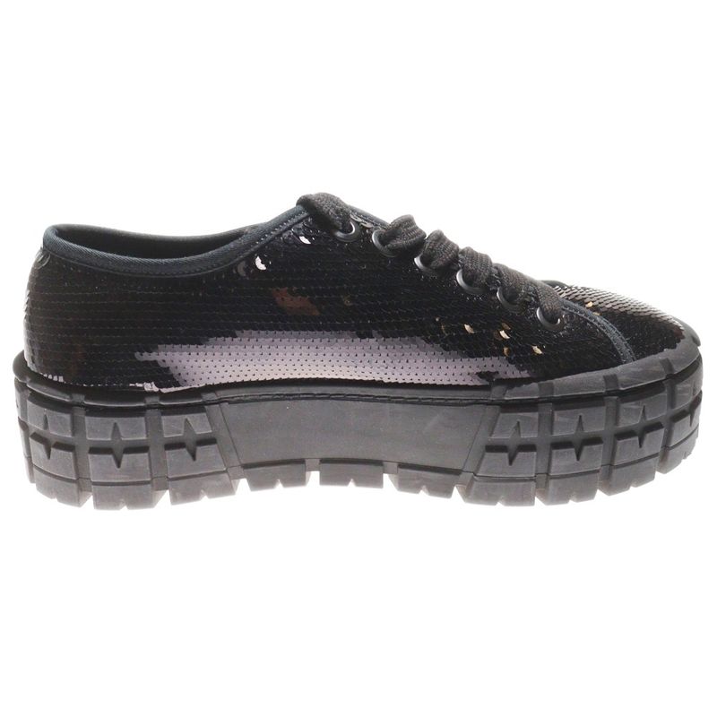 Prada Double Wheel Sequin Rubber Triangle Logo Canvas Lace-Up Platform Low Cut