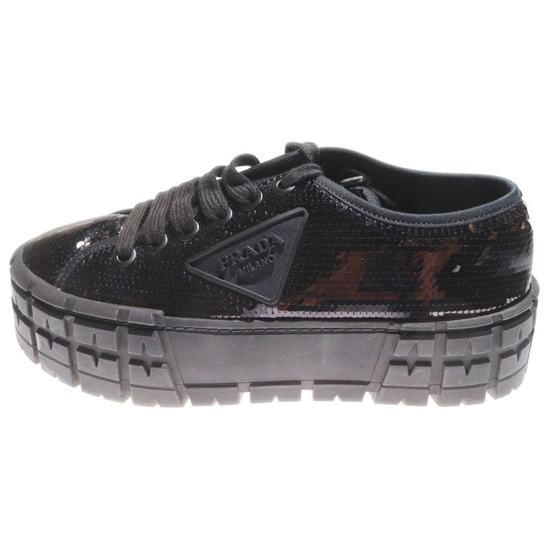 Prada Double Wheel Sequin Rubber Triangle Logo Canvas Lace-Up Platform Low Cut